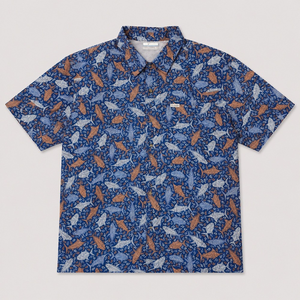 Columbia PFG Fishing Shirt Mens Large Blue Fish Print Vented Button Up